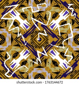 Tribal ornamental vector seamless pattern. Folk abstract colorful background. Ethnic grunge ornament, Decorative design. Patterned rough backdrop with doodle chalk zig zag lines, geometric shapes.