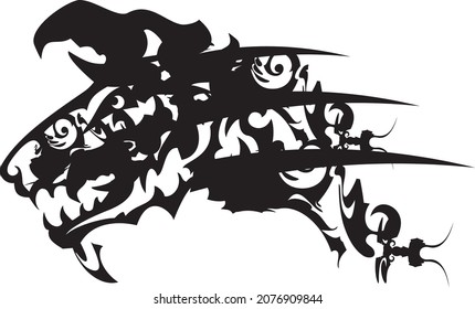 Tribal ornamental wolf head for tattoos or prints on T-shirts. Aggressive wolf head on a white background for carnival masks, engraving, textiles, covers, fabric products, emblems, etc.