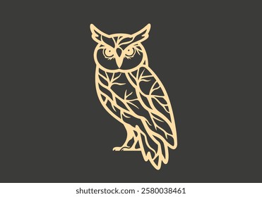 Tribal owl design. Wild forest animal silhouette with tree branches. Vector illustration.