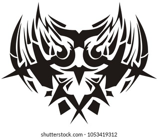 Tribal owl symbol with arrows. Closeup fantastic abstract peaked owl silhouette fire concept with arrows in black color on a white background for your design
