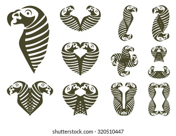 Tribal parrot set. Symbols, frames and hearts of twirled striped parrot head