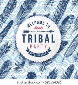 tribal party emblem on background with ornament and hand drawn feathers