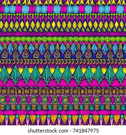 Tribal pattern. Aztec fabric. Mystical ornament. Surreal symbols print. Clothes or interior design. Boho fashion. Traditional homespun textile. Vector seamless pattern.