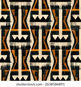 Tribal pattern with black, white, and orange lines on a cream background. grunge lines ikat pattern, striped seamless pattern, Vector illustration background for print the paper.