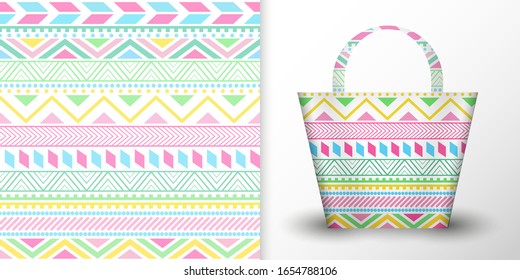 Tribal pattern canvas tote bag mockup. Vector cute pastel plastic package mock up design. Tribal handmade spring paper shopping gift bag with silk handles on isolated. Fabric cloth sack for woman.