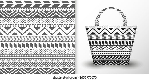 Tribal pattern canvas tote bag mockup. Vector elegant plastic package mock up design. Tribal handmade paper shopping bag with silk handles on isolated. Fabric cloth sack for woman. Black white colors.