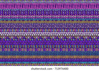 Tribal pattern. Embroidery ornament. Ethnic style. Fabric design effect texture. Boho fashion. Traditional textile. Vector seamless pattern for fashion design, interior or printed products.