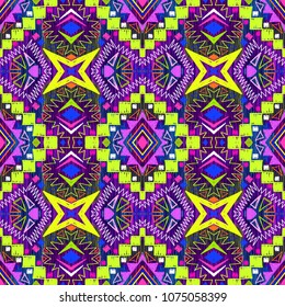 Tribal pattern. Ethnic print. Aztec. Abstract geometric fabric. Cloth design. Spiritual fashion. Mystical ornament. Navajo textile. Boho homespun. Hand drawn seamless vector.