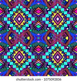 Tribal pattern. Ethnic print. Aztec. Abstract geometric fabric. Cloth design. Spiritual fashion. Mystical ornament. Navajo textile. Boho homespun. Hand drawn seamless vector.