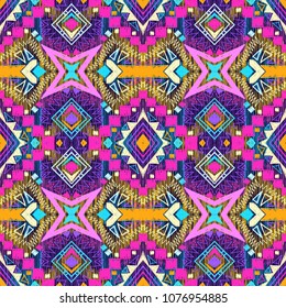 Tribal pattern. Ethnic print. Aztec. Abstract geometric fabric. Cloth design. Spiritual fashion. Mystical ornament. Navajo textile. Boho homespun. Hand drawn seamless vector.