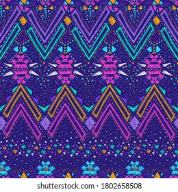 Tribal pattern. Ethnic print. Aztec. Abstract geometric fabric. Cloth design. Spiritual fashion. Mystical ornament. Navajo textile. Boho homespun. Hand drawn seamless vector.