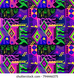 Tribal pattern. Ethnic print. Aztec. Abstract geometric fabric. Cloth design. Spiritual fashion. Mystical ornament. Navajo textile. Boho homespun. Hand drawn seamless vector.