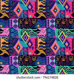 Tribal pattern. Ethnic print. Aztec. Abstract geometric fabric. Cloth design. Spiritual fashion. Tribal fabric. Mystical ornament. Ethnic pattern. Navajo textile. Boho homespun. Seamless vector.