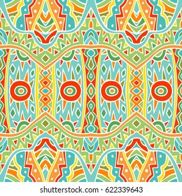 Tribal pattern in festive colors. Abstract seamless ethnic ornament. Repeatable background design. Tile able fancy backdrop. Aztec style inspired art. Vector illustration.