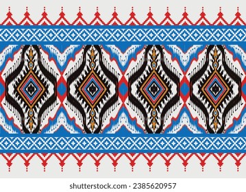 Patrón tribal ikat fondo de arte azteca azul rojo color blanco étnico abstracto bordado folclórico formas geométricas fondo de fondo de fondo vectorial impresión diseño decorativo clásico