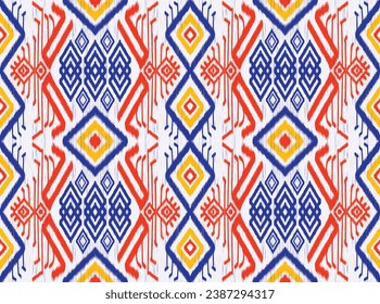 Tribal pattern ikat aztec art background red yellow blue ethnic abstract folk embroidery geometric shapes wallpaper background vector illustration print decorative design classical
