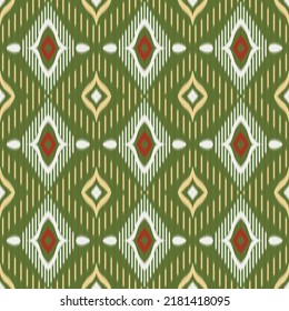 Tribal pattern ikat seamless background. Ikat chevron wallpaper. Textured red white and green graphic design. Can be used for textile, wrapping paper.