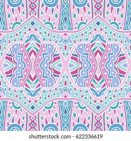 Tribal pattern in pink and blue colors. Abstract seamless ethnic ornament. Repeatable background design. Tile able fancy backdrop. Aztec style inspired art. Vector illustration.