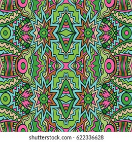 Tribal pattern in pink and green colors. Abstract seamless ethnic ornament. Repeatable background design. Tile able fancy backdrop. Aztec style inspired art. Vector illustration.