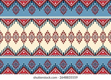 Padrão tribal em azul vermelho e marinha alternando com creme