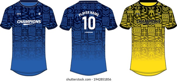 Tribal Pattern Sports t-shirt jersey design concept vector template, Football jersey concept with front and back view for Soccer, Cricket, Volleyball, Rugby, tennis, badminton and e sports uniform