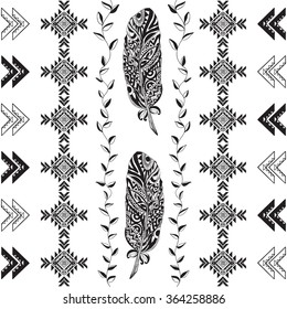 Tribal Pattern Vector Illustration . Seamless Monochrome  Background . 