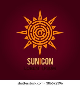 Tribal patterned ethnic Sun logo icon. Sunburst, beam, summer, nature, sky. Sunshine logo. Labyrinth shape design radial element. Idea for logo or corporate identity. Vector illustration