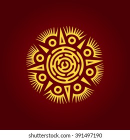 Tribal patterned ethnic Sun logo icon. Sunburst, beam, summer, nature, sky. Sunshine logo. Labyrinth shape design radial element. Idea for logo or corporate identity. Vector illustration
