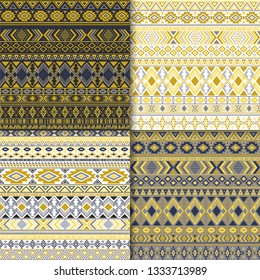 Tribal patterns, ethno prints vector geometric textile gold black white collection. Eclectic native american tribal motifs clothing fabric ethno traditional design. Mexican folk fashion prints.