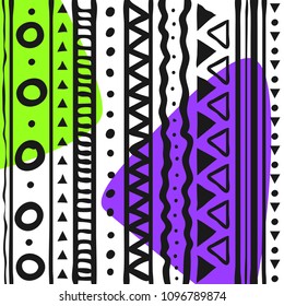 Tribal patterns hand drawn doodle style with purple and green color. Vector illustration.
