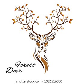 Tribal patterns head of deer with branches trees with autumn leaves on the horns, totem and tattoo design. Use for print, posters, t-shirts. Fairy fantasy vector Illustration