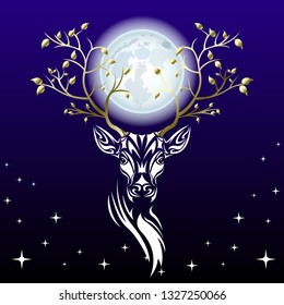 Tribal patterns head of deer with branches trees with gold leaves on the horns against a huge full moon, totem and tattoo design. Use for print, posters, t-shirts. Fairy fantasy vector Illustration