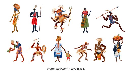 tribal people set. Men and women, children in tribe vector illustration. Girls with children, food, guys with spears, music instruments. Traditional ethnic cultural elements.