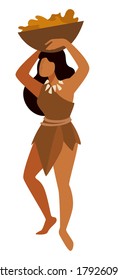 Tribal people working and surviving, female character carrying woven basket with gathered food, berries or products. Primitive society, vector in flat style