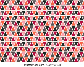 Tribal pink red black triangles grid mosaic tiles lines vector seamless pattern. Colorful triangles mosaic geometric background. Stylish triangular shapes grid. Geometric elements decor vector.