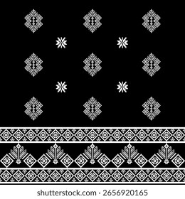 Diseño de píxeles tribales en blanco y negro con motivos de diamantes simétricos y bordes étnicos Horizontales. Perfecto para impresiones textiles digitales, proyectos de arte popular, moda de estilo bohemio, bordado.