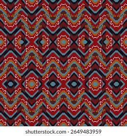 Ilustrações tribais em pixels ou lindamente tecidos étnicos misturam-se com ziguezags geométricos interligados e motivos de diamante básico para uma tapeçaria elegante tecida à mão.
