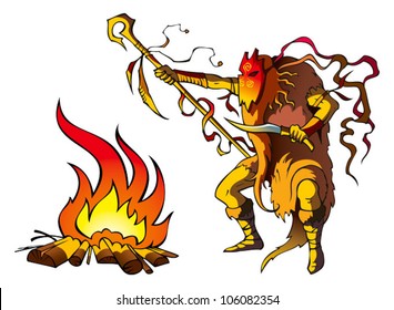 Tribal priest (shaman) conjuring above fire to predict the future, vector illustration