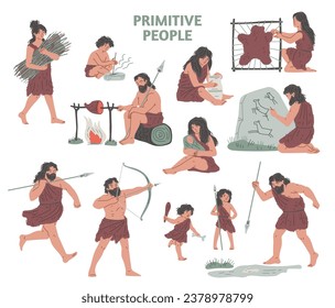 Tribal primitive cave people life. Campfire cooking, motherhood, hunting, entertainment, education survival in wild. Vector hand drawn Stone age illustrations set. Ancient traditions and culture