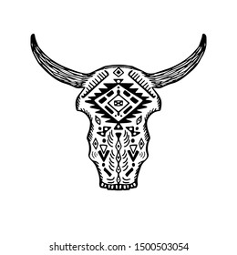 Tribal print. Decorative Indian bull skull in tattoo style. Hand drawn vector illustration for t shirt print, tote bag, clothing