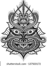 Tribal psychedelic mask with snakes, hand-drawn, original style