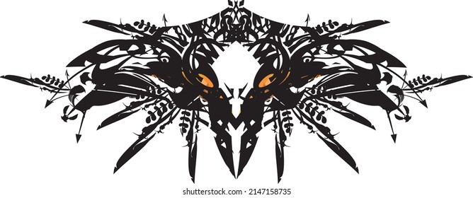 Símbolo de cabeza traviesa tribal con ojos anaranjados en blanco. Máscara de raven negro de carnaval para papel pintado, iconos web, emblemas, Halloween, impresiones, productos de tela, fiestas y eventos, textiles, tendencias de moda, etc.