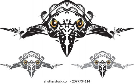 Tribal raven symbols - three options on white background for your design. Festival raven masks for wallpaper, web icons, emblems, logos, Halloween, prints, fabric, holidays and events, textiles, etc. 