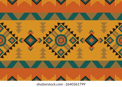Tribal, repeat, orange, teal, and black geometric pattern. Ideal for textile, home decor, digital paper, fabric print, and wrapping design.