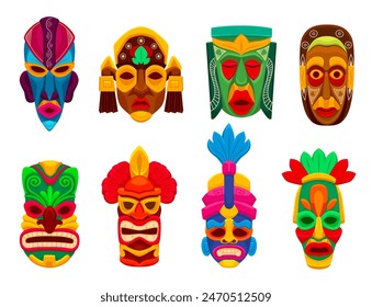 Tribal ritual masks. Ethnic traditional totem mask faces, african aztec mexican tribe religion spiritual idol face indigenous afro carnival, ingenious vector illustration of ethnic face mask totem