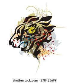 Tribal roaring lion head with splashes and blood drops. Grunge flaming lion head splashes and blood drops isolated on a white background