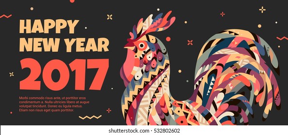 Tribal rooster on a black background. Rooster symbol 2017. Banner with a cock for promotional offers and sales.