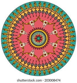 Tribal round ornamental background with bull skull feather arrows and traditional decoration vector illustration