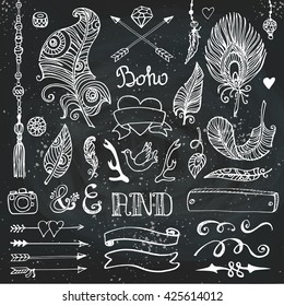 Tribal rustic collection.Vintage vector arrows, feathers,horns, frame,border,decor elements.Hand drawn doodles.Ethnic, aztec, hipster elements.For design logo, invitation cards.Chalkboard,blackboard