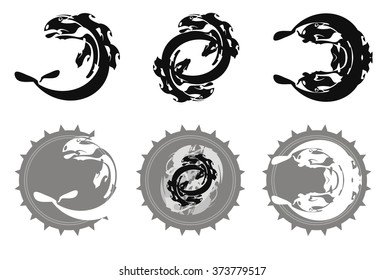 Tribal salmon fish set. Double symbol of fish isolated on the white